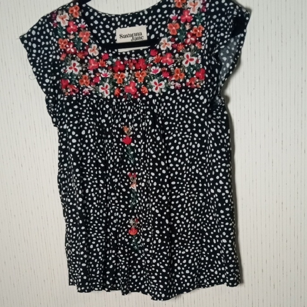 Savanna Jane Black and White Polka Dot Top with Floral Embroidery